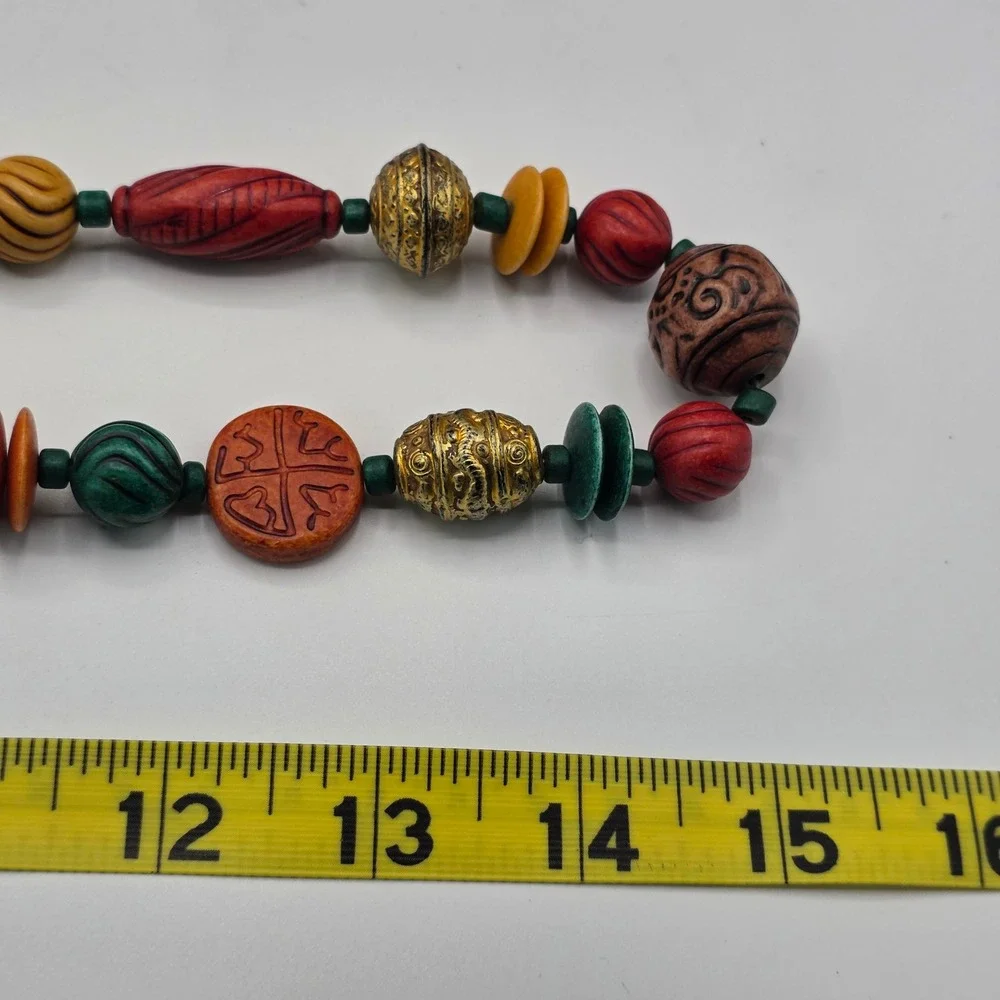 Boho Beaded Necklace Multicolor Carved Wood Gold Filigree‎ Tribal Statement 28in